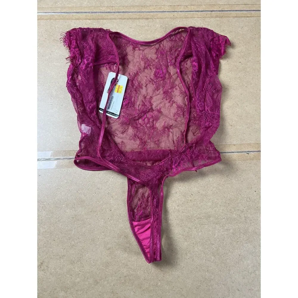 Shirley Of Hollywood Teddy Womens S Pink Lace Sheer One Piece Cap Sleeve Thong